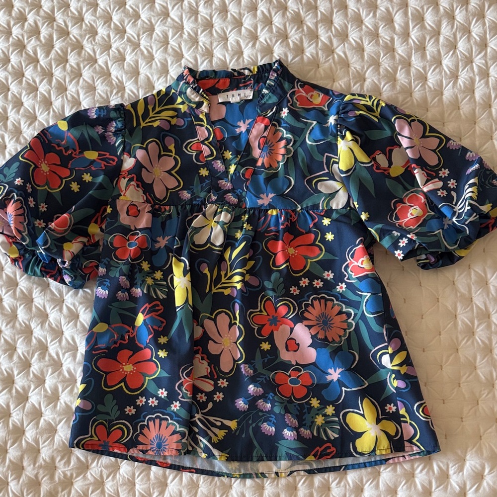 THML Floral Puff Sleeve Blouse - Blue and Multicolor